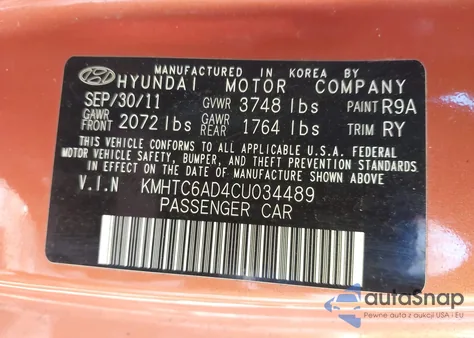 2012 Hyundai Veloster Base W/Black from USA, damaged, VIN KMHTC6AD4CU034489